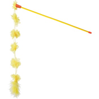Canne de jeu pour chat jaune avec une longue tige jaune, embouts orange et une ficelle pendante de fleurs en tissu jaunes et une queue en plume.