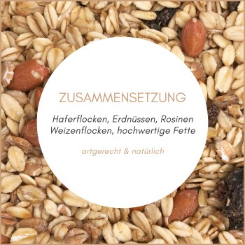 Vogelfuttersaatmischung mit deutschem Text, der Wildvogelfutter, hohen Fettgehalt, 100 % natürlich und Made in Germany hervorhebt.