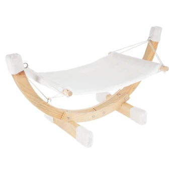 Holz-Hängematte für Haustiere mit einem weißen Stoffbett, ausgestattet mit weichen Eckpolstern für Stabilität und Komfort.