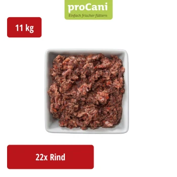 Verpackung von proCani Hundefutter mit "Rind Select" (Rindfleisch Select) mit einem Foto eines Hundes und einer grünen Landschaft, gekennzeichnet für 22 Portionen.