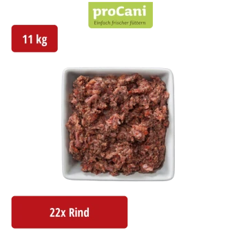 Verpackung von proCani Hundefutter mit "Rind Select" (Rindfleisch Select) mit einem Foto eines Hundes und einer grünen Landschaft, gekennzeichnet für 22 Portionen.