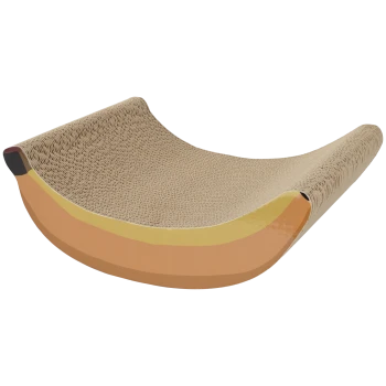 Bananenförmiger, gebogener Kratzkarton aus Wellpappe mit orange-gelbem Schalenmotiv.