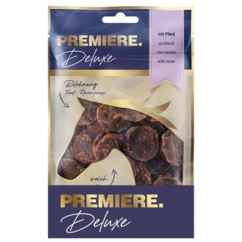 Premiere Deluxe Haustier-Leckerli-Verpackung mit einer Pferdesilhouette, mit Text in Deutsch, Französisch, Spanisch und Englisch, der angibt, dass es mit Pferd hergestellt ist.