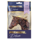 Emballage de friandises pour animaux de compagnie Premiere Deluxe présentant une silhouette de cheval, avec un texte en allemand, français, espagnol et anglais indiquant qu'il est fabriqué avec du cheval.