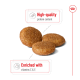 Three round pet food kibble pieces with text highlighting "High-quality protein content" and "Enriched with vitamins C & E."