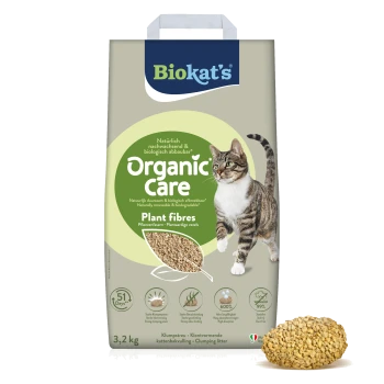 Sack Biokat's Organic Care Pflanzenfasern-Katzenstreu mit abgebildeter getigeter Katze, 3,2 kg Kennzeichnung und losem Pelletmuster.