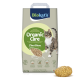 Sack Biokat's Organic Care Pflanzenfasern-Katzenstreu mit abgebildeter getigeter Katze, 3,2 kg Kennzeichnung und losem Pelletmuster.