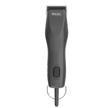 Schwarzer Wahl-Haustierpflegeclipper mit strukturiertem Griff und einem Netzschalter, mit einer Klinge aus rostfreiem Stahl an der Spitze.