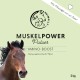 Verpackung für "Muskelpower Pulver Amino-Boost" für Pferde, mit einem Pferdekopf, mit deutschem Text, der angibt, dass es sich um ein Supplement handelt.