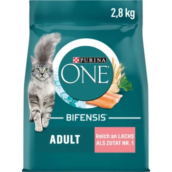 Tüte mit Purina ONE Bifensis Katzenfutter, 2,8 kg, mit einer grauen Katze, mit dem Text 'ADULT' und 'Reich an Lachs als Zutat Nr. 1'.