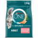Tüte mit Purina ONE Bifensis Katzenfutter, 2,8 kg, mit einer grauen Katze, mit dem Text 'ADULT' und 'Reich an Lachs als Zutat Nr. 1'.