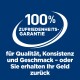 Weißes 100% Zufriedenheitsgarantie-Badge auf blauem Hintergrund mit Text: 'für Qualität, Konsistenz und Geschmack — oder Ihr Geld zurück'.