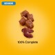 Cubes de nourriture pour animaux de compagnie avec des tranches de foie, étiquetés "100% Complet" sur un fond jaune vif.