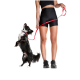 Eine Frau in schwarzen Sportshorts und einem Crop-Top hält eine rote Hundeleine, während ein kleiner schwarz-weißer Hund auf seinen Hinterbeinen steht und nach oben schaut.