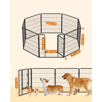 Ein schwarzes Metall-Haustierspielgehege mit den Abmessungen: 210 cm Breite, 80 cm Höhe und 38 cm Türhöhe, mit einem Corgi und einem Golden Retriever.