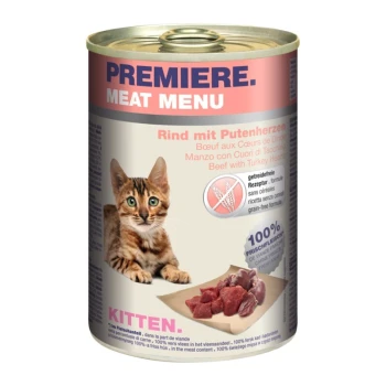 Canned cat food labeled "Premiere Meat Menu" featuring a kitten, with text indicating beef with turkey hearts and a grain-free formula.