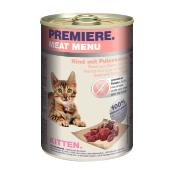 Nourriture en conserve pour chats étiquetée "Premiere Meat Menu" avec un chaton, avec du texte indiquant du boeuf avec des cœurs de dinde et une formule sans céréales.
