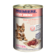 Dosenkatzenfutter mit der Aufschrift "Premiere Meat Menu", das ein Kätzchen zeigt, mit Text, der Rindfleisch mit Truthahnherzen und eine getreidefreie Formel angibt.