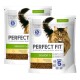 Zwei Tüten Perfect Fit Katzenfutter für Seniorenkatzen, gekennzeichnet mit "Senior 7+" und einem Bild einer flauschigen Katze, das die Gesundheit des gesamten Körpers betont.
