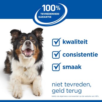 Blije driekleurige hond met 100% tevredenheidsgarantie en vinkjes voor kwaliteit, consistentie en smaak in Nederlandse tekst.
