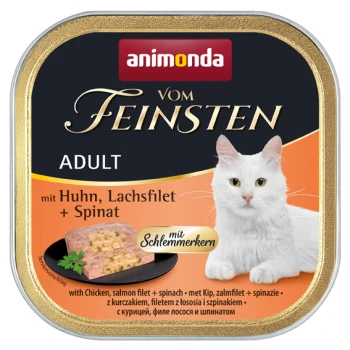 Dose Katzenfutter mit einer weißen Katze, mit dem Etikett "animonda vom Feinsten ADULT" und der Angabe "mit Huhn, Lachsfilet + Spinat."