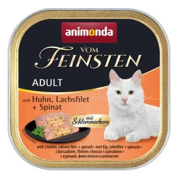 Dose Katzenfutter mit einer weißen Katze, mit dem Etikett "animonda vom Feinsten ADULT" und der Angabe "mit Huhn, Lachsfilet + Spinat."