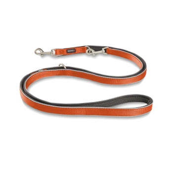Orange-graue gepolsterte Hundeleine mit Metallclips und einem „Wolters“-Etikett auf weißem Hintergrund.