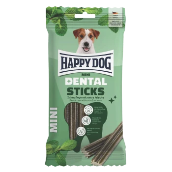 Happy Dog Mini Dental Sticks, grüne Packung mit lächelndem Hund, Minzblättern und sichtbaren Sticks, beschriftet mit 'HAPPY DOG DENTAL STICKS'