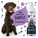 Ein brauner Hund sitzt neben einer Flasche "Bugalugs No Rinse Lavender & Chamomile Shampoo," das eine einfach zu verwendende, ohne Ausspülen Formel bewirbt.