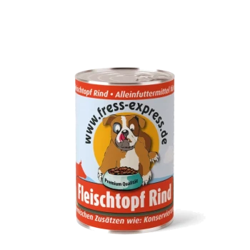 Hundefutterdose mit der Aufschrift „Fleischtopf Rind“, Cartoon-Bulldogge, Napf, Text „www.fress-express.de“ und „Premium Qualität“