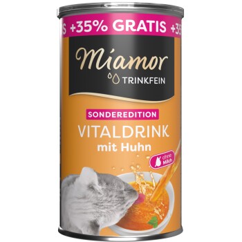 Miamor Trinkfein Vitaldrink mit Huhn, Sonderausgabe Dose mit Katzenkopf, die Flüssigkeit in eine Schüssel gießt, Text "+35% GRATIS".