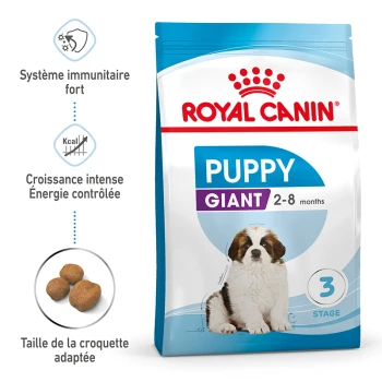 Sac de nourriture pour chiots Royal Canin Puppy Giant pour chiots âgés de 2 à 8 mois, avec une image de chiot Saint-Bernard et des avantages clés listés.