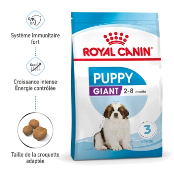 Sac de nourriture pour chiots Royal Canin Puppy Giant pour chiots âgés de 2 à 8 mois, avec une image de chiot Saint-Bernard et des avantages clés listés.