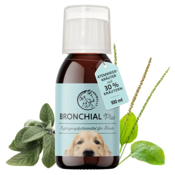 Bronchial Plus Ergänzung für Hunde, 100 ml Flasche mit einem hellblauen Etikett, das das Gesicht eines Hundes und pflanzliche Zutaten zeigt.