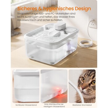 Weißer Haustier-Wasserbrunnen, geflochtenes Kabel, rote Niedrigwasser-LED, sichtbarer Wasserstand, Katze; Text: 'Sicheres & hygienisches Design'.