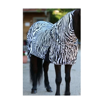 Ein schwarzes Pferd, das eine zebra-gestreifte Decke trägt, steht auf einem Steinweg und zeigt sein glänzendes Fell und das lebendige Muster der Decke.