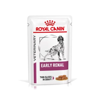 Royal Canin Early Renal Hundefutterbeutel mit einer Hundillustration, beschriftet "Dünne Scheiben in Soße" und "Veterinär".