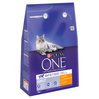 Adult Chicken 3 kg Purina ONE cat food bag, 3kg, featuring a fluffy gray cat on the front, labeled "Bifensis Dual Defence" and "Rich in Chicken."