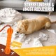 Hund kaut an einem Band, umgeben von herausgerissenem Füllmaterial, orangefarbenes Seilkauspielzeug; Text: 'STRESS LINDERN & ANGST REDUZIEREN' und 'Ablenkung'.
