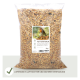 Eine 5-kg-Tüte "Futtertraum" schalenfreies Vogelfutter, mit einem Foto eines Vogels auf dem Etikett, mit einem Hinweis auf sichere Verpackung.