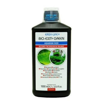 Flasche von Easy-Life Bio-Exit Green Aquarienfixierer, 1000 ml, beschriftet mit "Stellt das biologische Gleichgewicht wieder her" mit Bildern von gesunden Wasserpflanzen.