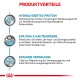 Infografik, die die Produktvorteile für Tiernahrung detailliert: hydrolysiertes Protein, EPA/DHA für die Hautgesundheit und Unterstützung einer gesunden Verdauung.
