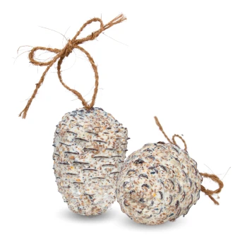 Riesenzapfen 4 Stück Zwei natürliche, zapfenförmige Haustierspielzeuge aus strukturiertem Material, mit Schnur gebunden, auf einem weißen Hintergrund präsentiert.