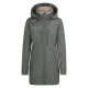 Eine stilvolle graue Damenjacke mit Kapuze, die zwei Reißverschlusstaschen auf der Vorderseite und einen Reißverschluss hat, vor einem weißen Hintergrund präsentiert.