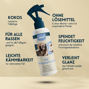 Nimo Haustierpflege Sprayflasche mit Welpenbild, das natürliche Inhaltsstoffe, Feuchtigkeitsunterstützung, einfaches Kämmen und Glanz für alle Rassen hervorhebt.