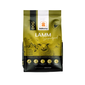Hundetrockenfutterbeutel, beschriftet mit "Balloony Lammm Superfood", mit einer Schafgrafik, mit dem Text, der angibt, dass es für die Verdauungsbalance formuliert ist.