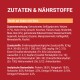 Zutaten und Nährwertinformationen für Tierfutter, wobei Huhn und Reis als Hauptbestandteile hervorgehoben werden, mit detaillierten Zusatzstoffen und analytischen Werten.