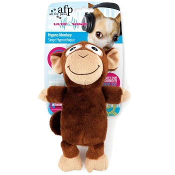 Plüschbraunes 'Hypno Monkey'-Hundespielzeug auf Karte mit der Aufschrift 'afp all for paws' und 'Ultrasonic'; Karte zeigt einen Hund mit Kopfhörern.