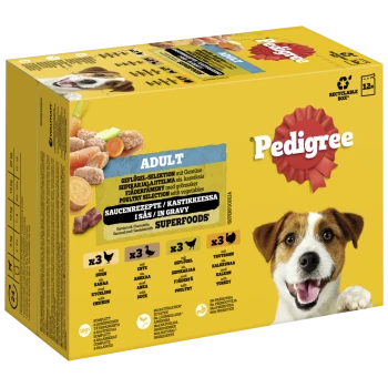 Pedigree Adult-Hundefutterbox mit Geflügelauswahl und Gemüse, enthält 12 Beutel und hebt "Superfoods" und recycelbare Verpackung hervor.