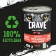 Nourriture pour animaux en conserve étiquetée "CRAVE" avec un design d'yeux de loup, indiquant "100% saumon et dinde naturels", "forte teneur en protéines" et "100% recyclable."